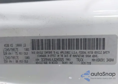 2018 Ram 2500 Tradesman 4X2 8' Box z USA, uszkodzony, nr VIN 3C6MR4AL4JG245525